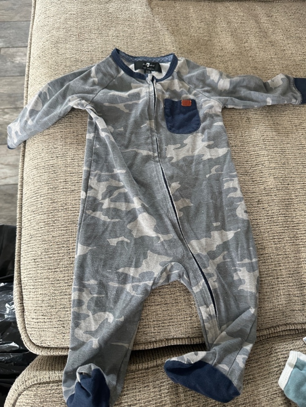 7 For All Mankind Gray & Navy Camo Zip-Front Baby Footie